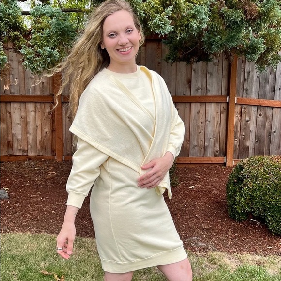 80s ESPIRT SPORT Hooded Sweater Mini Dress, Pale Butter Yellow Sweatshirt Dress - Picture 6 of 9